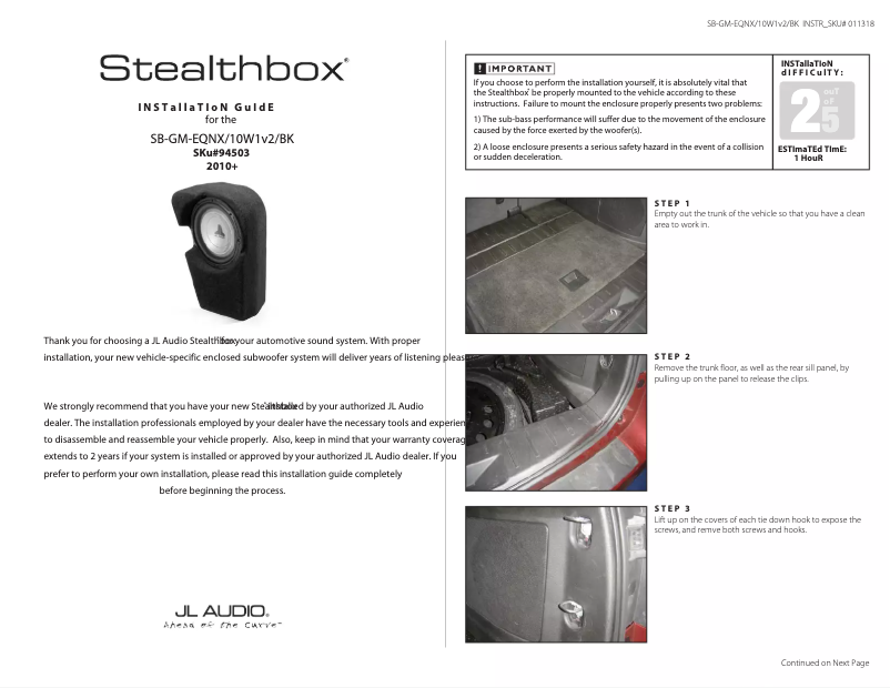 Página 1 del manual Guía de instalación JL Audio Stealthbox SB-GM-EQNX/10W1v3