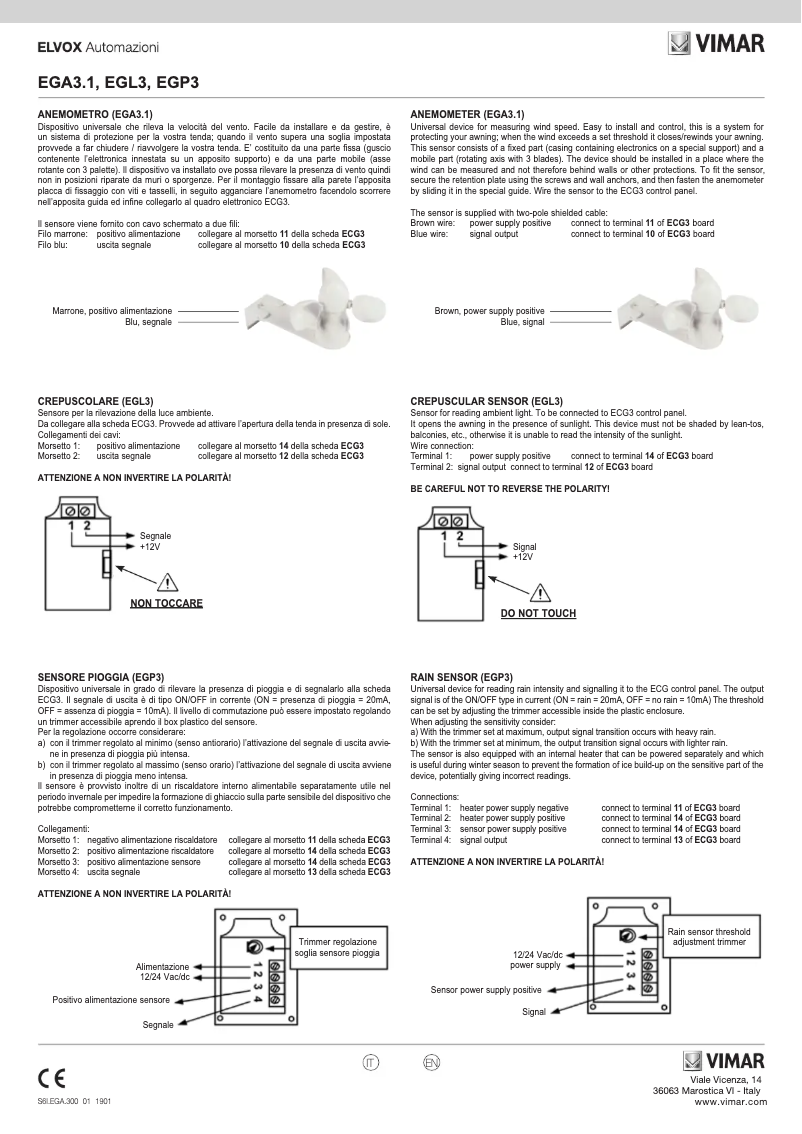Page 1 de la notice Manuel utilisateur Vimar ELVOX EGA3.1