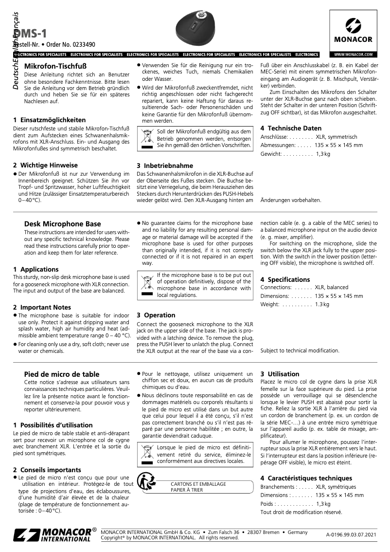 Page 1 de la notice Manuel utilisateur Monacor DMS-1
