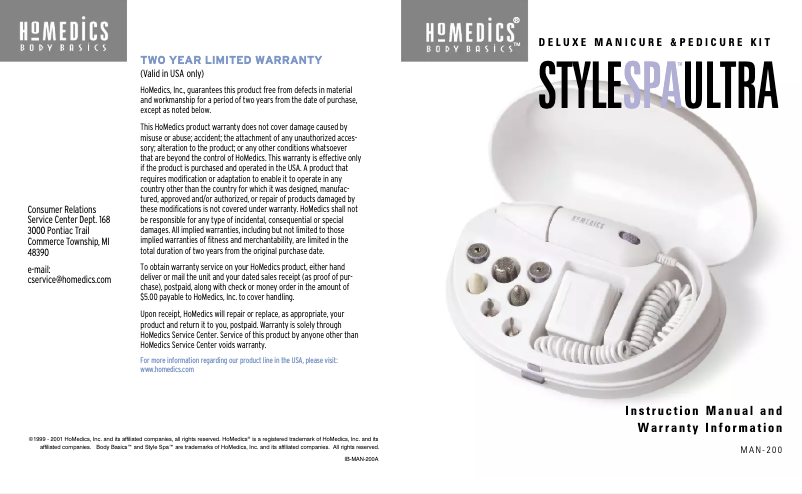 Page 1 de la notice Manuel utilisateur Homedics Style Spa Ultra MAN-200