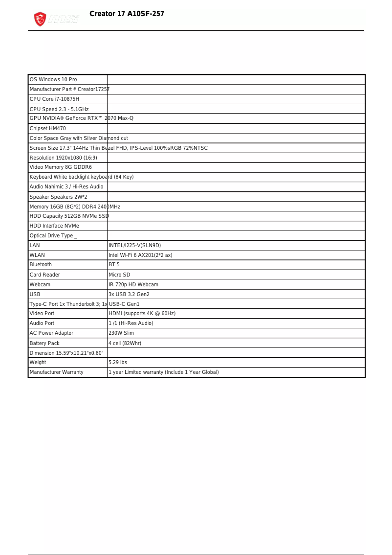 Página 1 del manual Ficha técnica MSI Creator 17