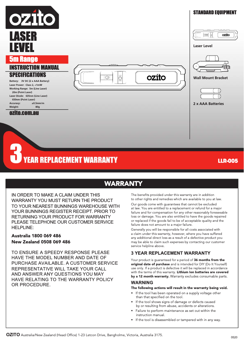 Image de la première page du manuel de l'appareil LLR-005