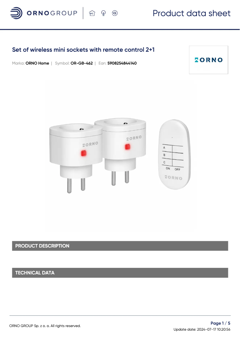 Page 1 de la notice Fiche technique ORNO OR-GB-462