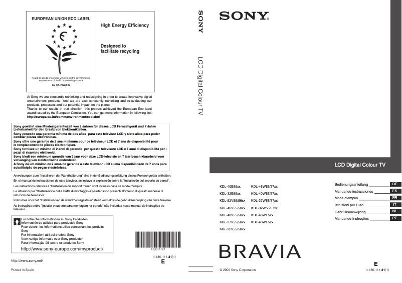 Page 1 de la notice Manuel utilisateur Sony Bravia KDL-40WE5B
