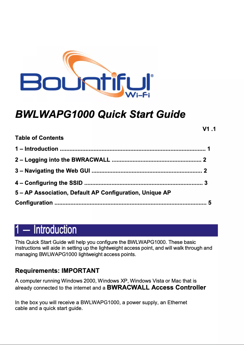 Page 1 de la notice Manuel utilisateur Bountiful BWLWAPG1000