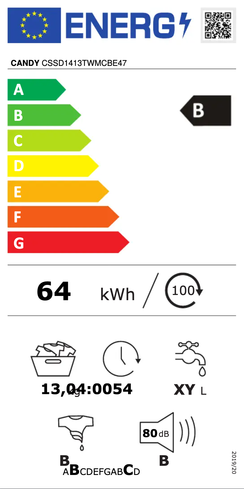 Page 1 de la notice Label énergétique Candy CSSD1413TWMCBE47