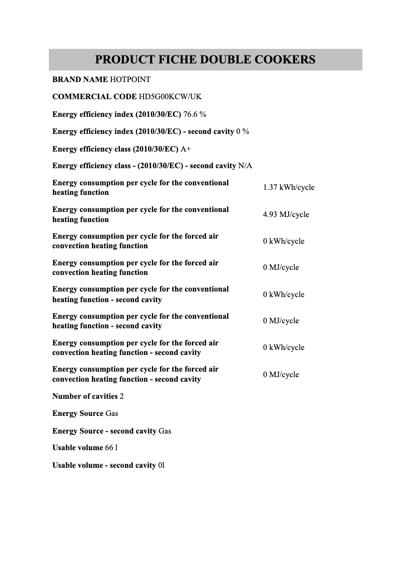 Page 1 de la notice Fiche technique Hotpoint HD5G00KCW/UK