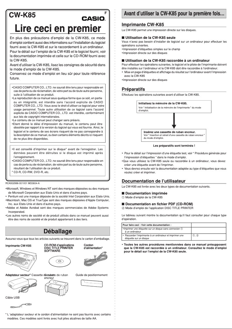 Page 1 de la notice Manuel utilisateur Casio CW-K85