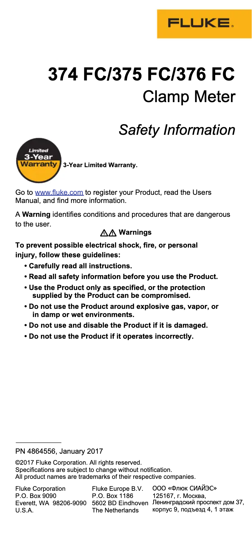 Página 1 del manual Instrucciones de seguridad Fluke 376 FC