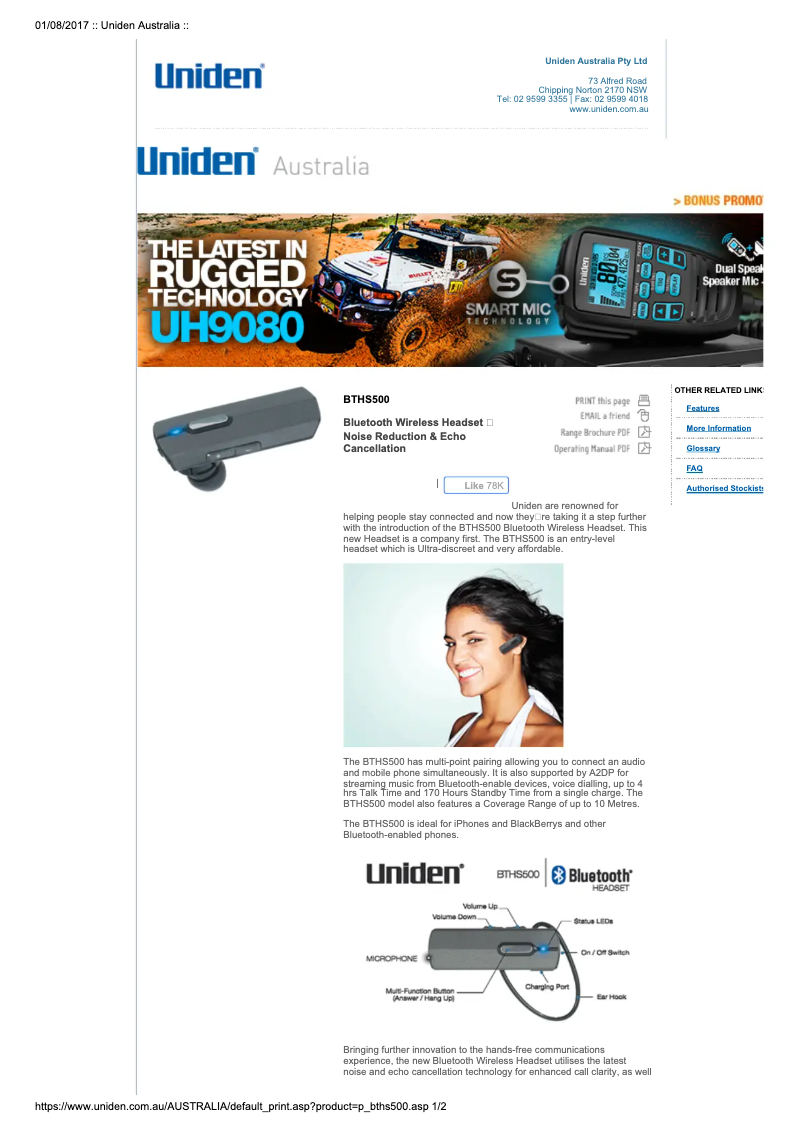 Page n°1 - Manuel utilisateur Uniden BTHS 500