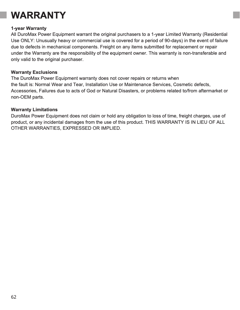 Page n°1 - Informations de garantie DuroMax XP16HPE