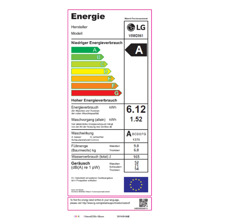 Page 1 de la notice Label énergétique LG V5WD961