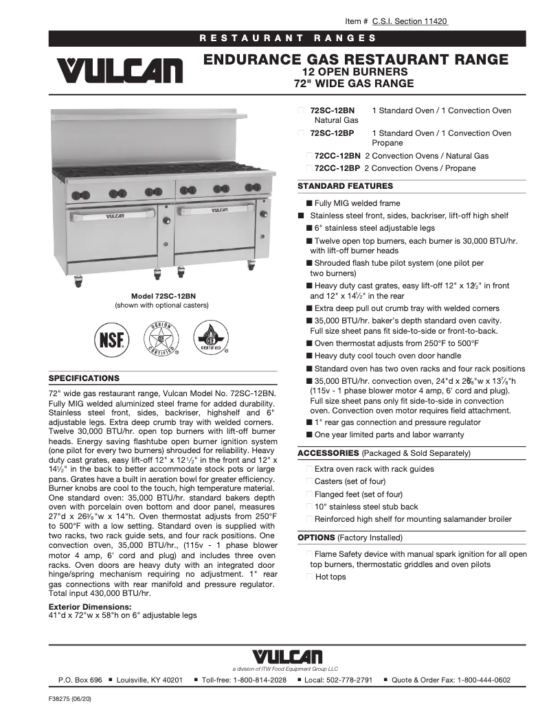 Página 1 del manual Ficha técnica Vulcan 72CC-12B