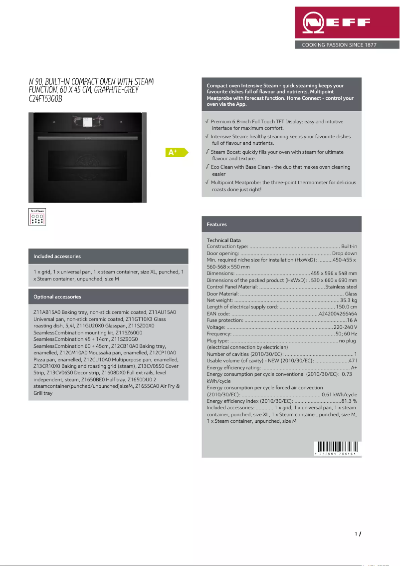 Page 1 de la notice Fiche technique Neff C24FT53G0B