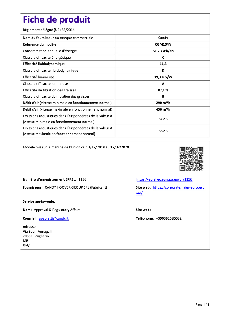 Page 1 de la notice Manuel utilisateur Candy CGM104N
