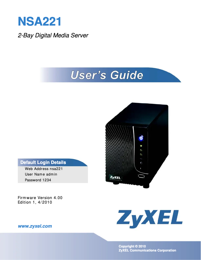 Page 1 of the manual User Manual ZyXEL NSA221-2T