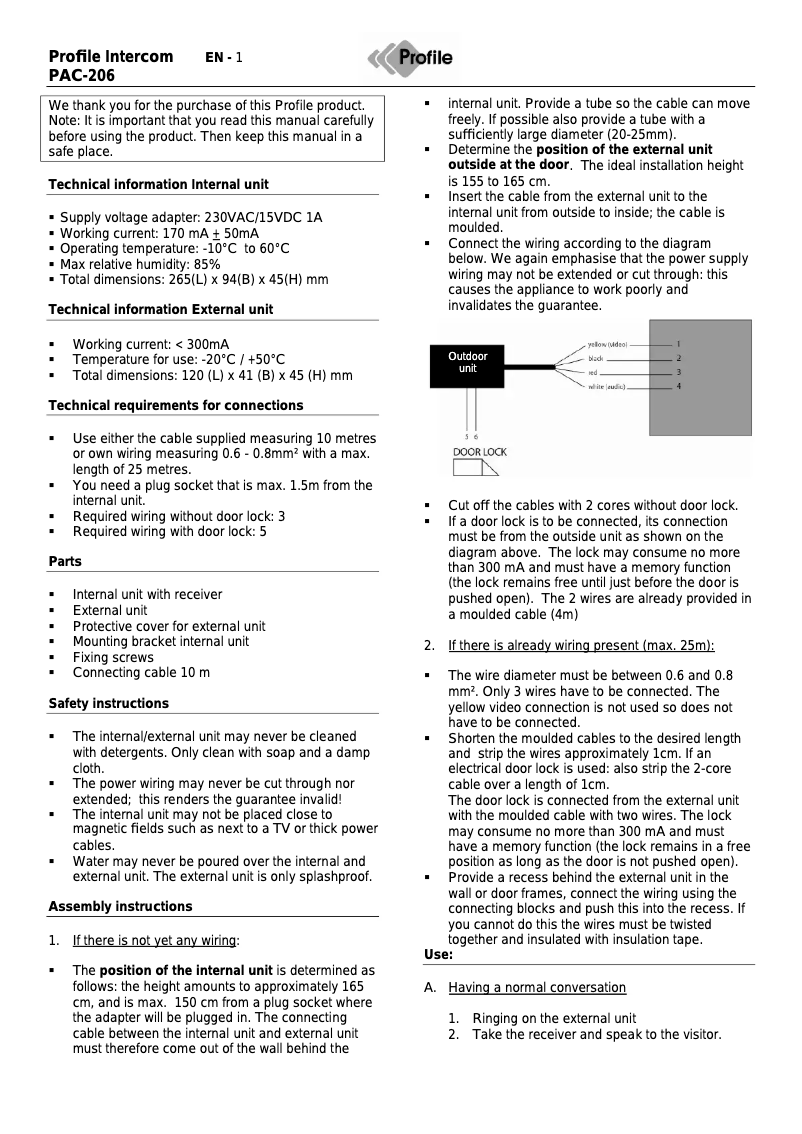 Page n°1 - Manuel utilisateur Profile PAC-206 Classic