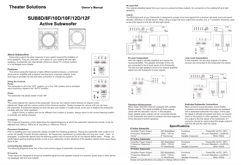 Page n°1 - Manuel utilisateur Theater Solutions SUB8F