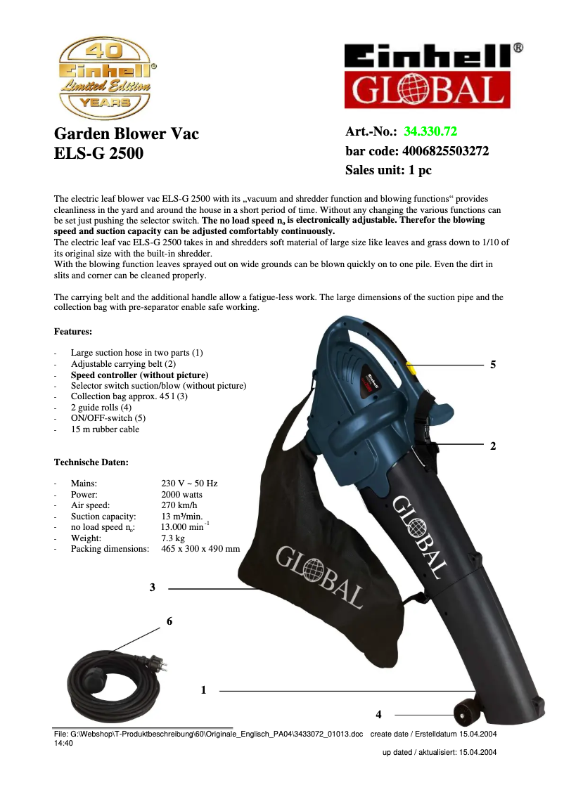 Page n°1 - Manuel utilisateur Global ELS-G 2500