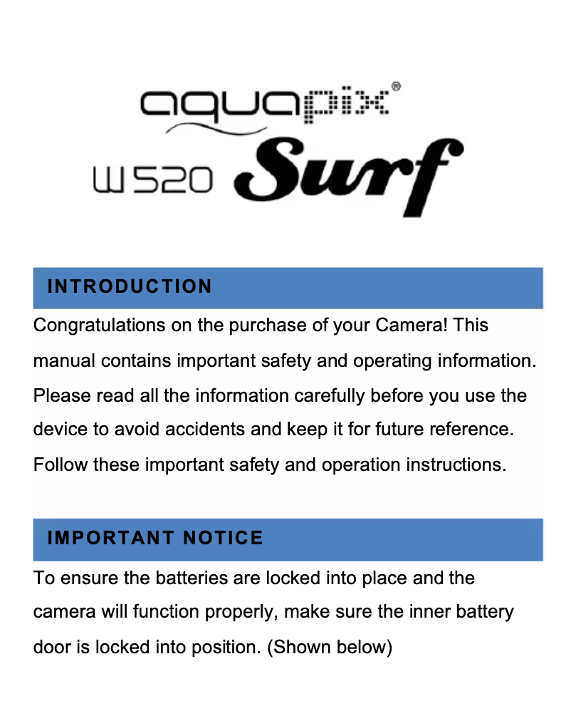 Image de la première page du manuel de l'appareil AquaPix W520 Surf