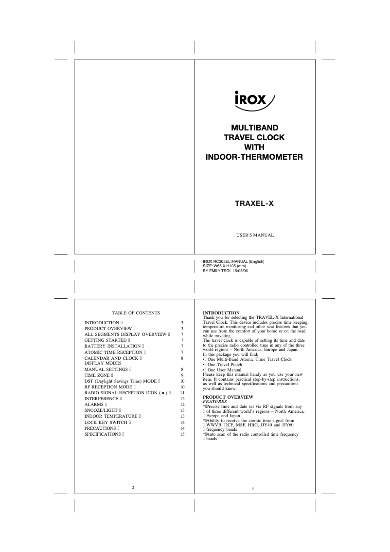 Page n°1 - Manuel utilisateur Irox TRAXEL-X