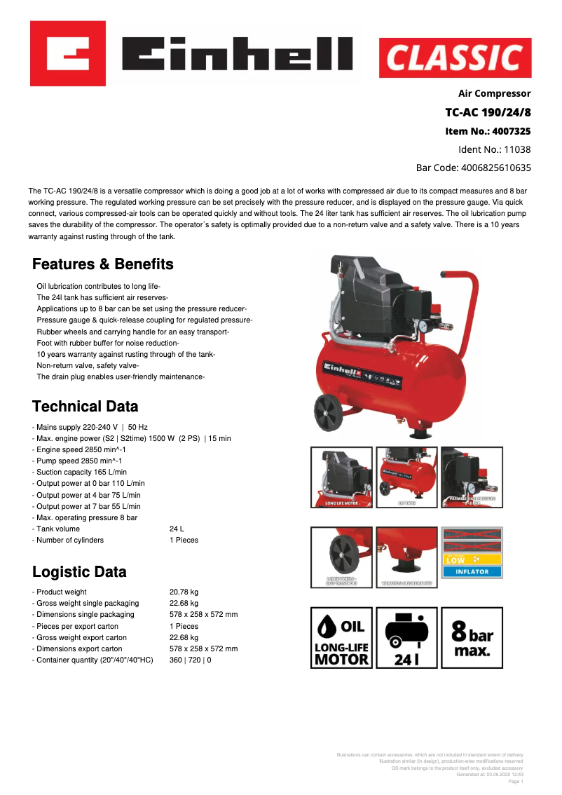 Page n°1 - Fiche technique Einhell TC-AC 190/24/8