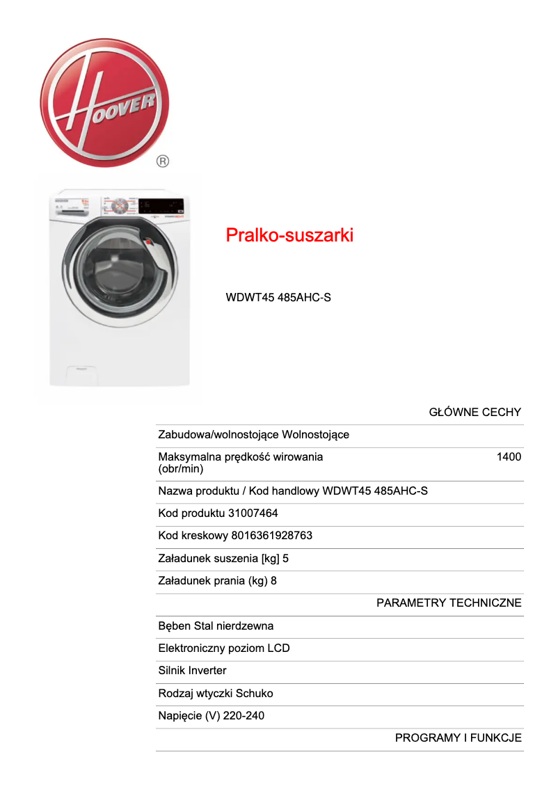 Page n°1 - Fiche technique Hoover Dynimic Next WDWT45 485AHC-S