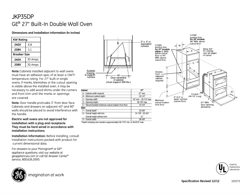 Page n°1 - Fiche technique GE JKP35DPWW