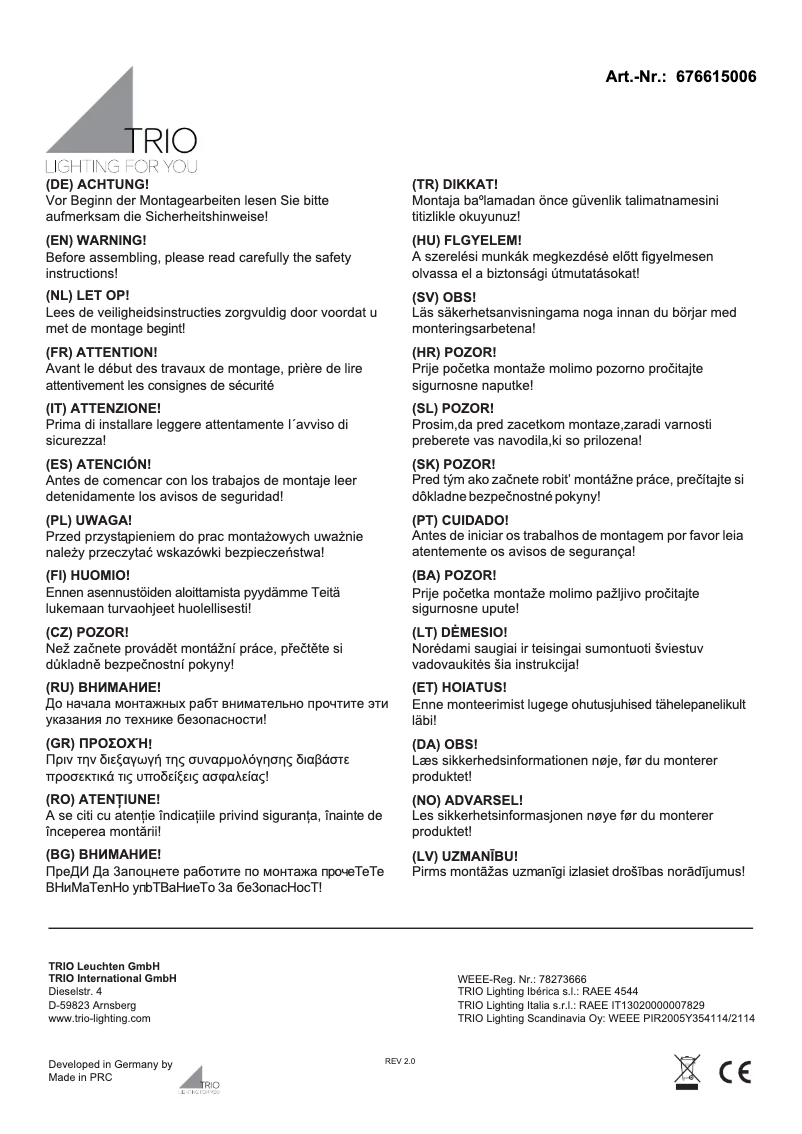 Page 1 de la notice Manuel utilisateur Trio Lighting TITUS 676615006