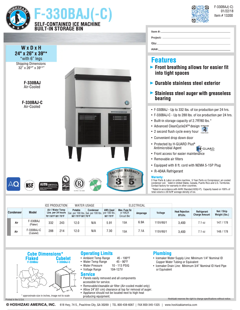 Page 1 de la notice Fiche technique Hoshizaki F-330BAH-C