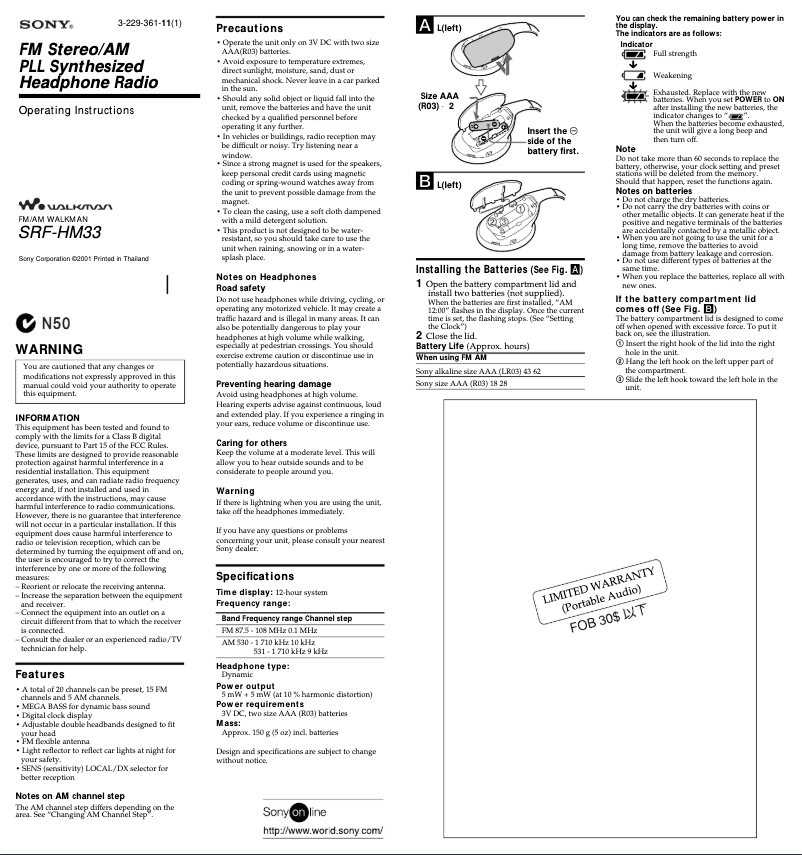 Page 1 de la notice Manuel utilisateur Sony SRF-HM33