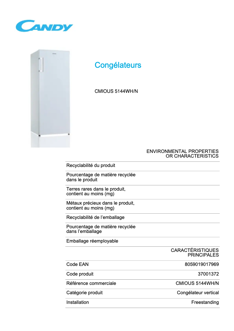 Page 1 de la notice Fiche technique Candy CMIOUS 5144WH/N