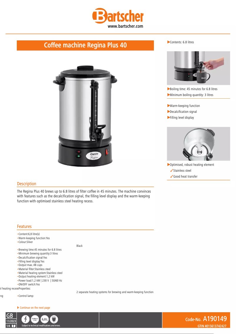 Page n°1 - Fiche technique Bartscher Regina Plus 40