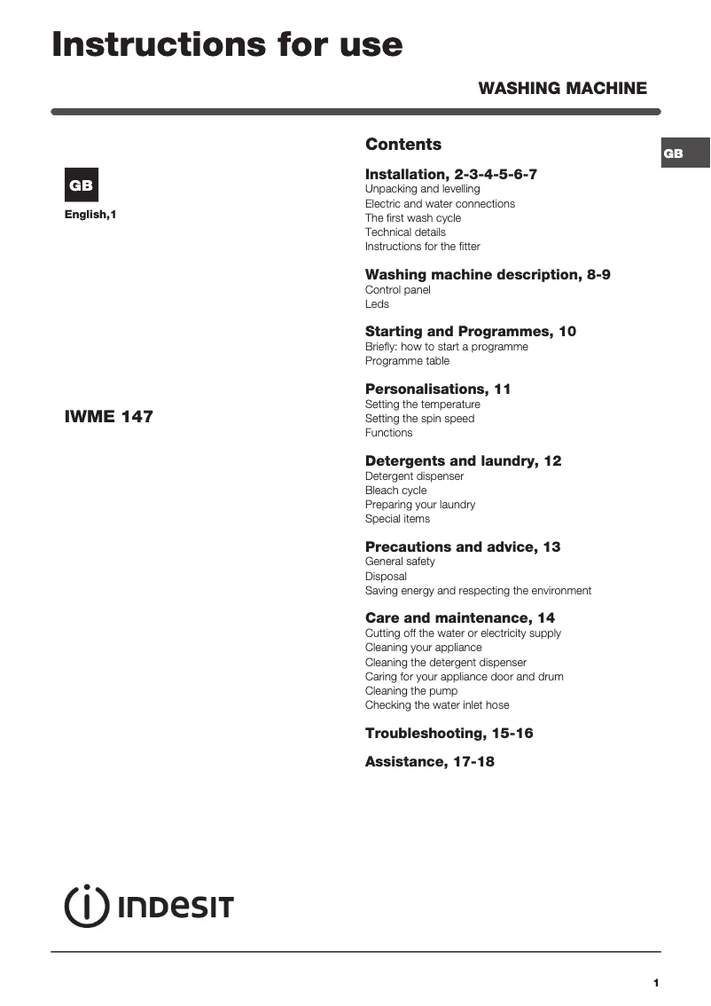 Page n°1 - Instructions / montage Indesit IWME 147 (UK)