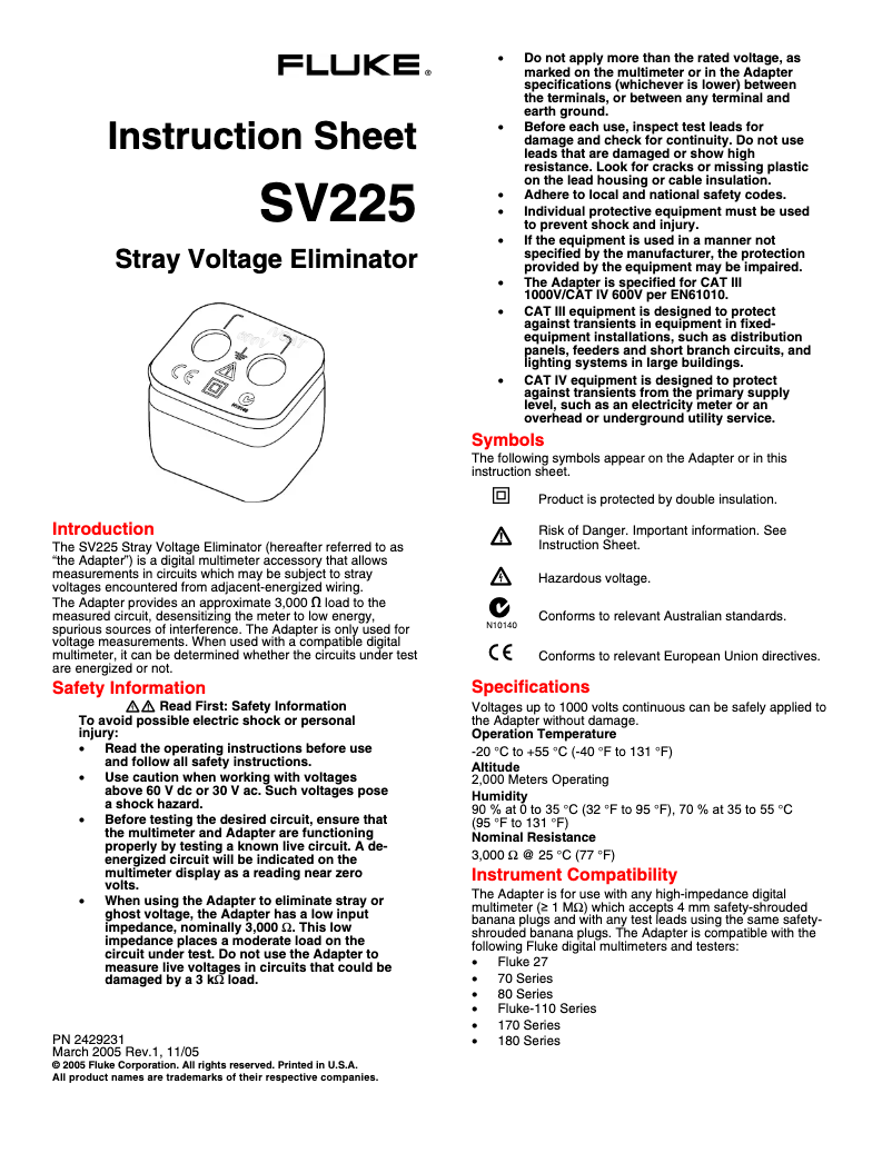 Page 1 de la notice Manuel utilisateur Fluke SV225