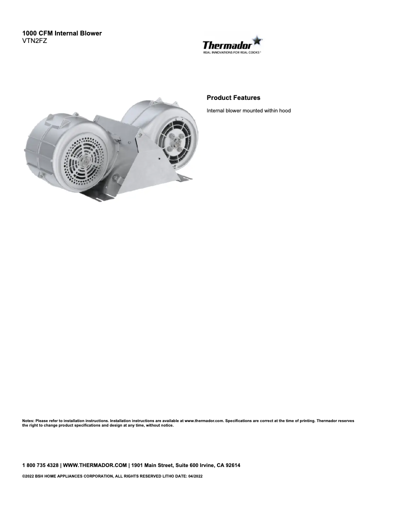 Page 1 de la notice Fiche technique Thermador VTN2FZ