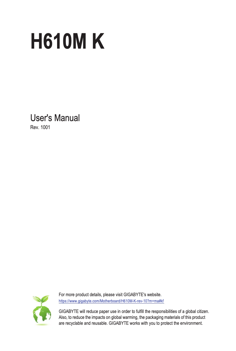 Page 1 de la notice Manuel utilisateur Gigabyte H610M K