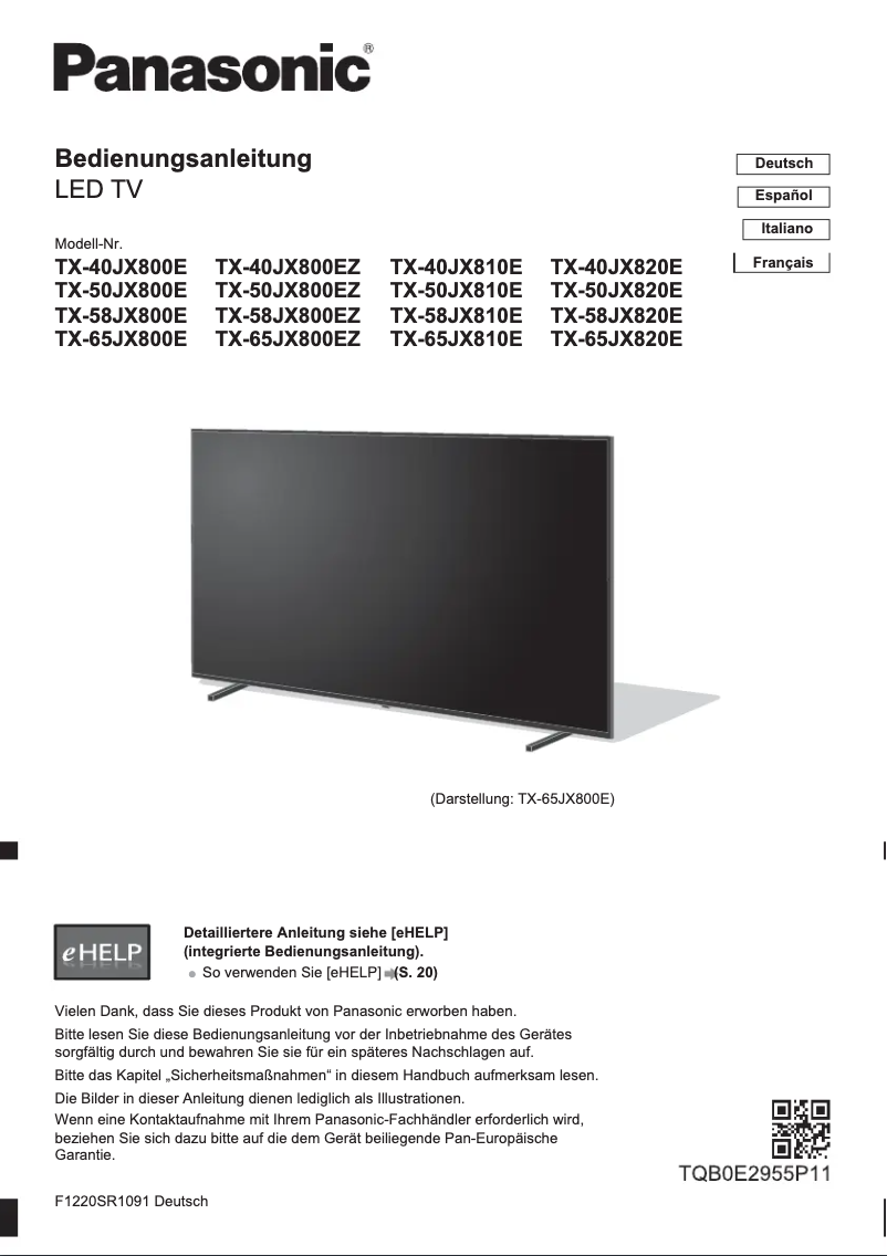 Page 1 de la notice Manuel utilisateur Panasonic TX-50JX800EZ