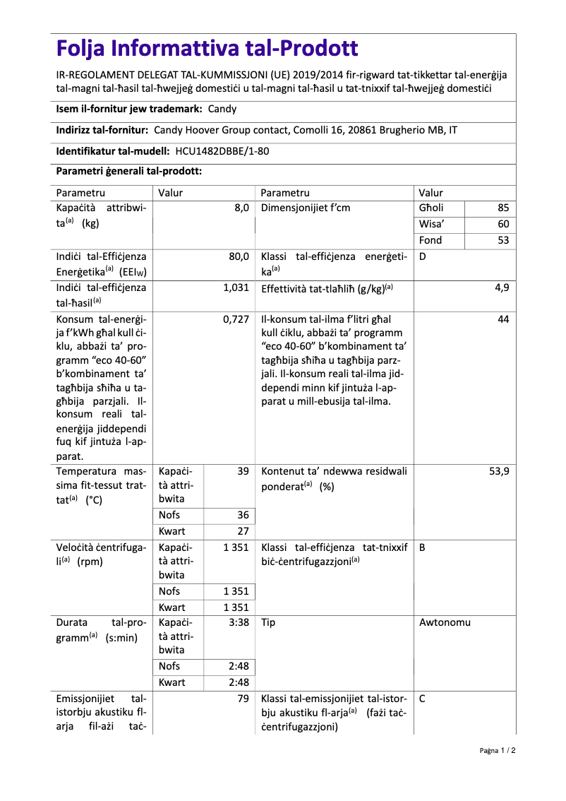 Page n°1 - Manuel utilisateur Candy HCU1482DBBE/1-80