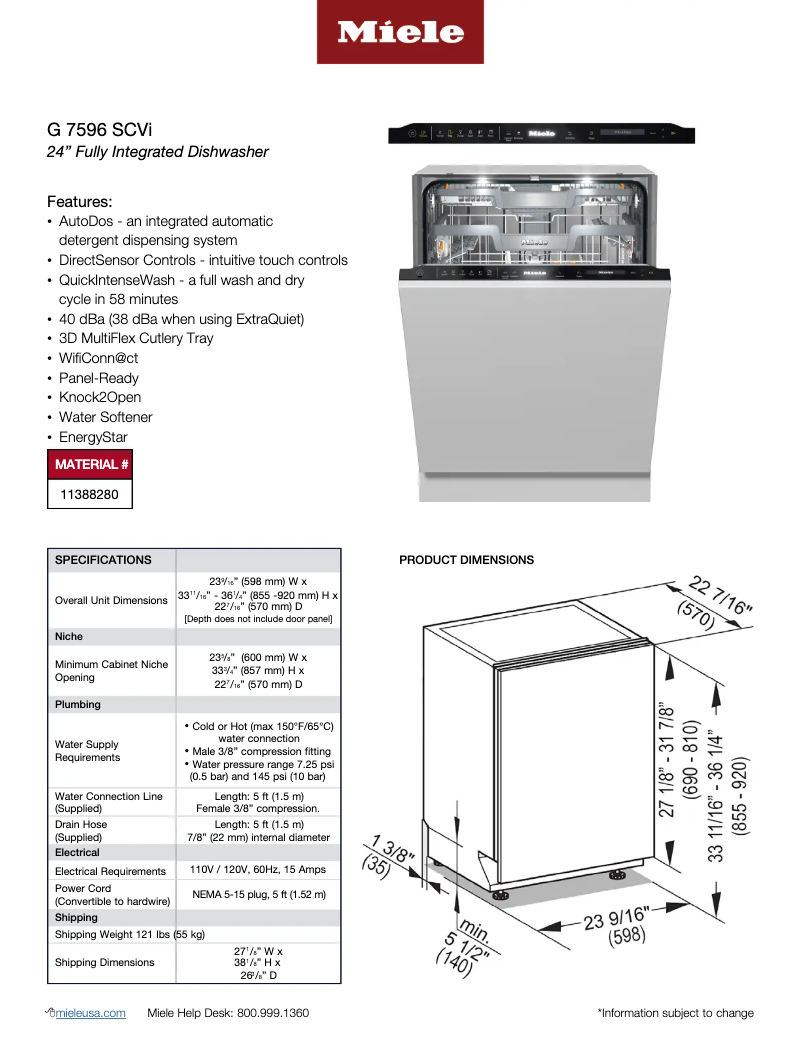 Page 1 de la notice Fiche technique Miele G 7596 SCVi