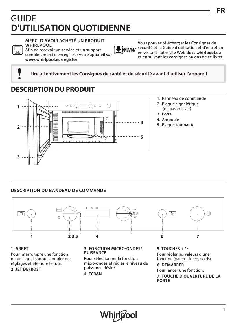 Page 1 de la notice Manuel utilisateur Whirlpool W6 MN810
