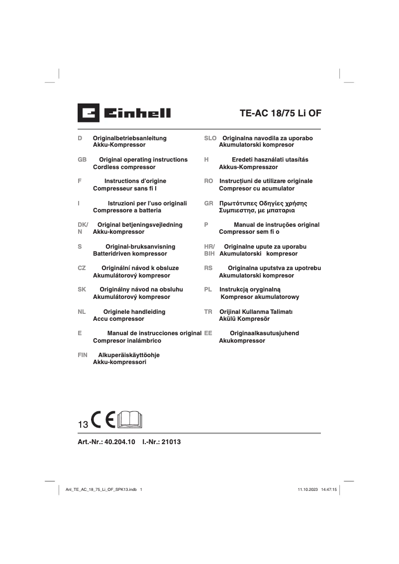 Page 1 de la notice Manuel utilisateur Einhell TE-AC 18/75 Li OF
