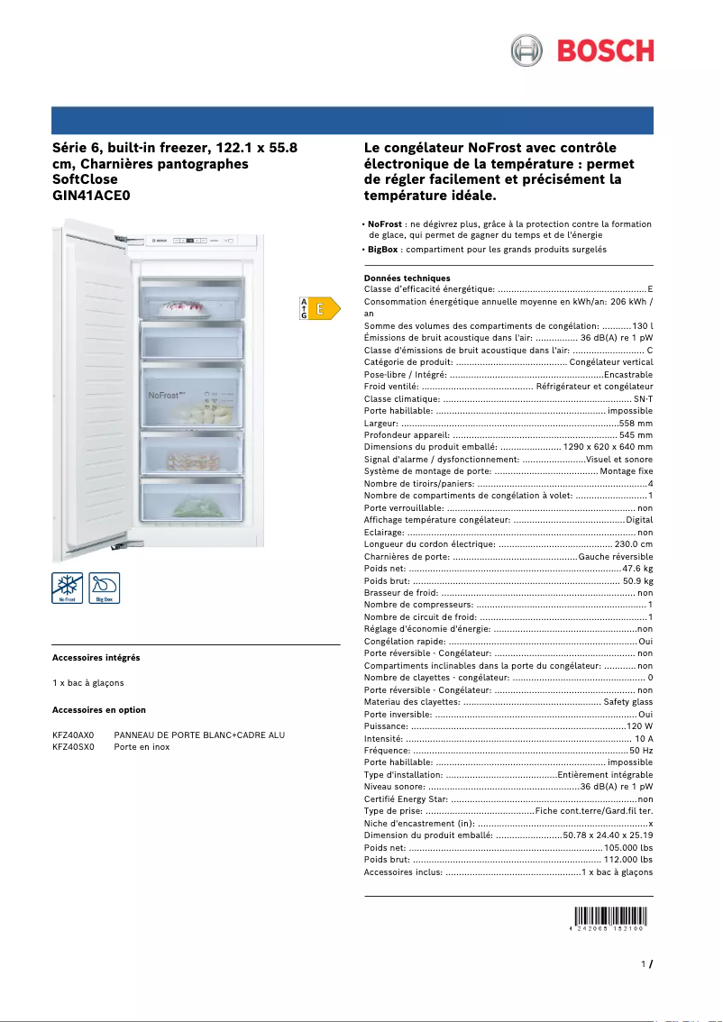 Page 1 de la notice Fiche technique Bosch GIN41ACE0