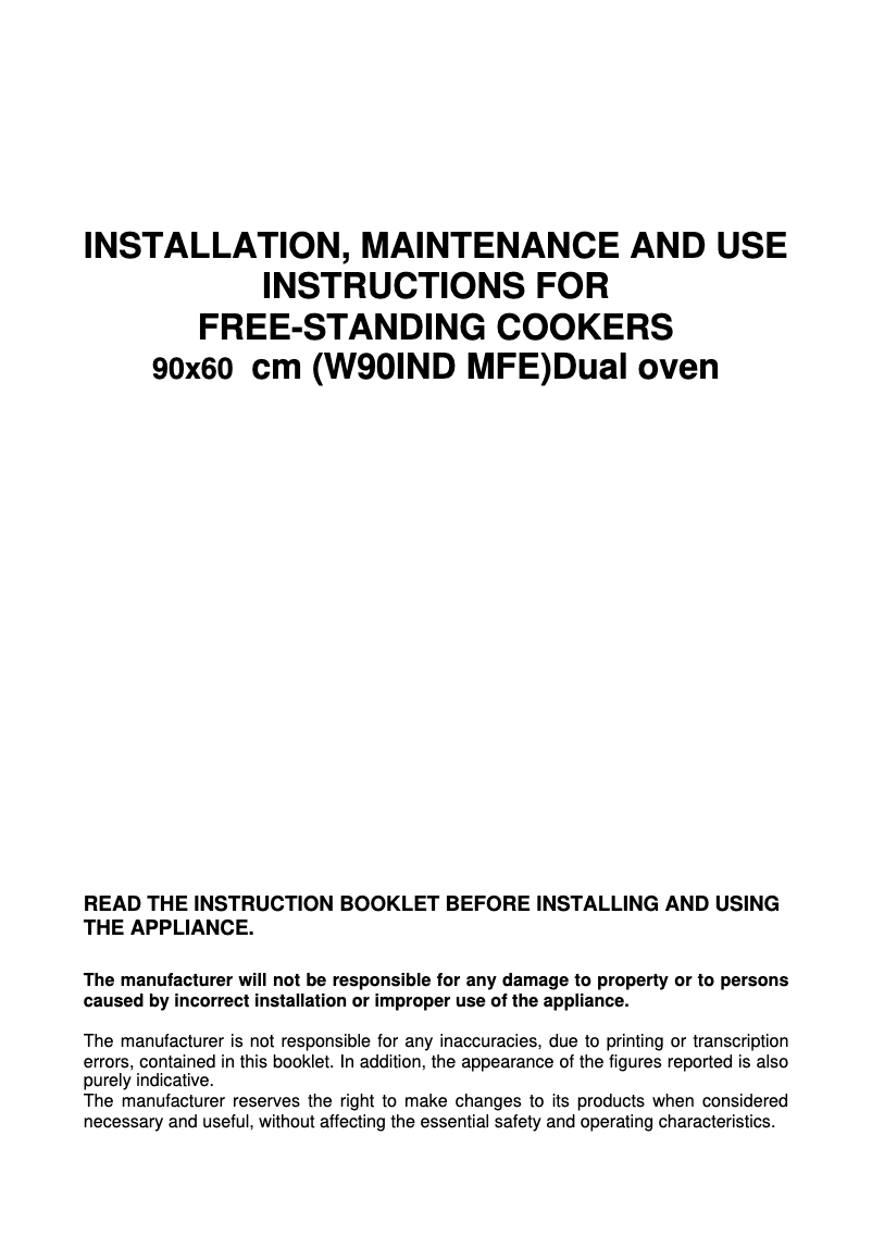 Page n°1 - Manuel utilisateur Bertazzoni W90 IND MFE BL