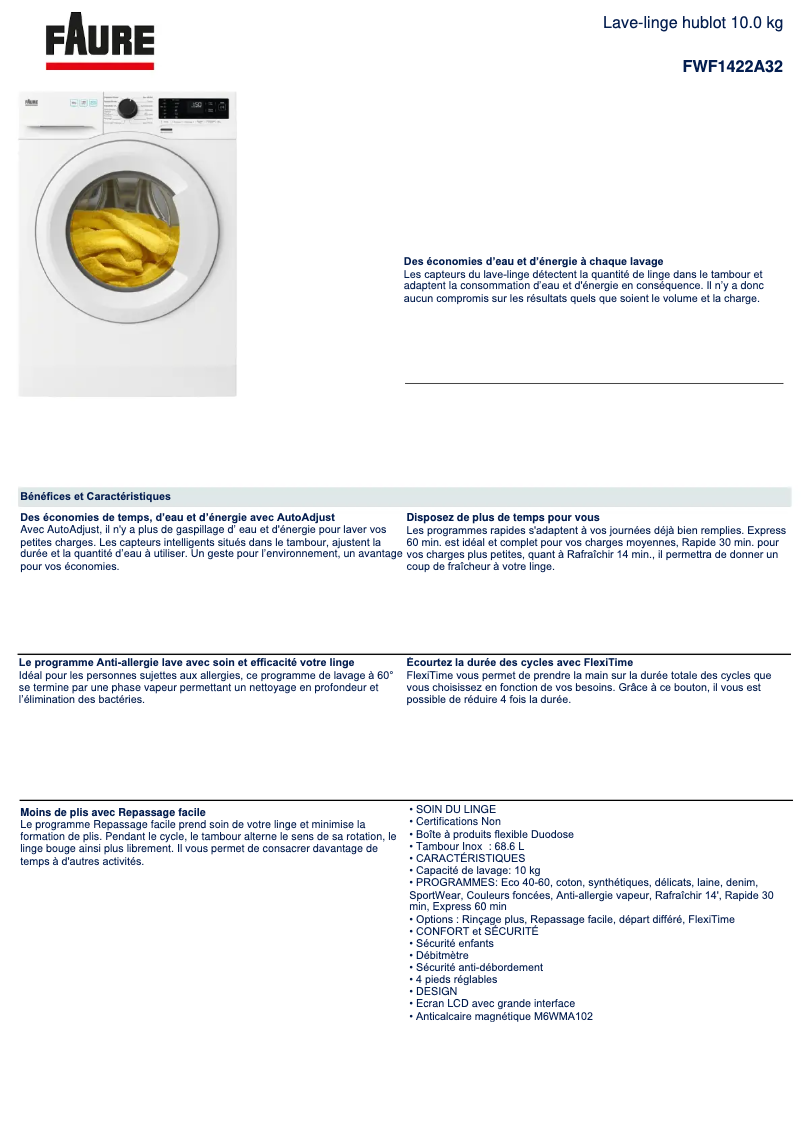 Page 1 de la notice Fiche technique Faure FWF1422A32