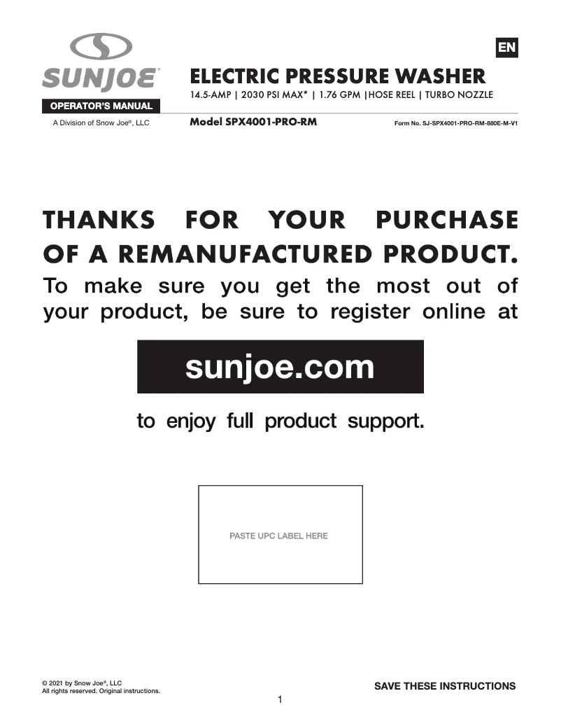 Página 1 del manual Manual de usuario Sun Joe SPX4001-PRO-RM