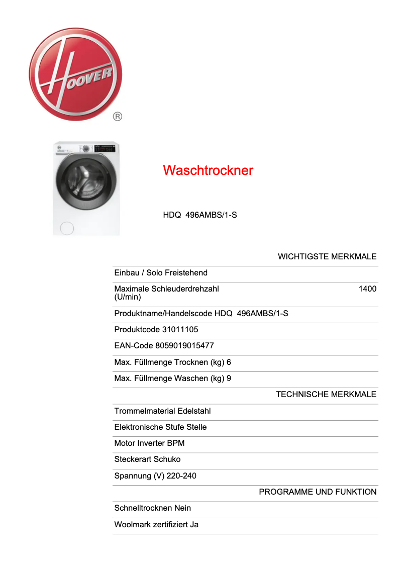 Page n°1 - Fiche technique Hoover H-WASH&DRY 500 HDQ 496AMBS/1-S