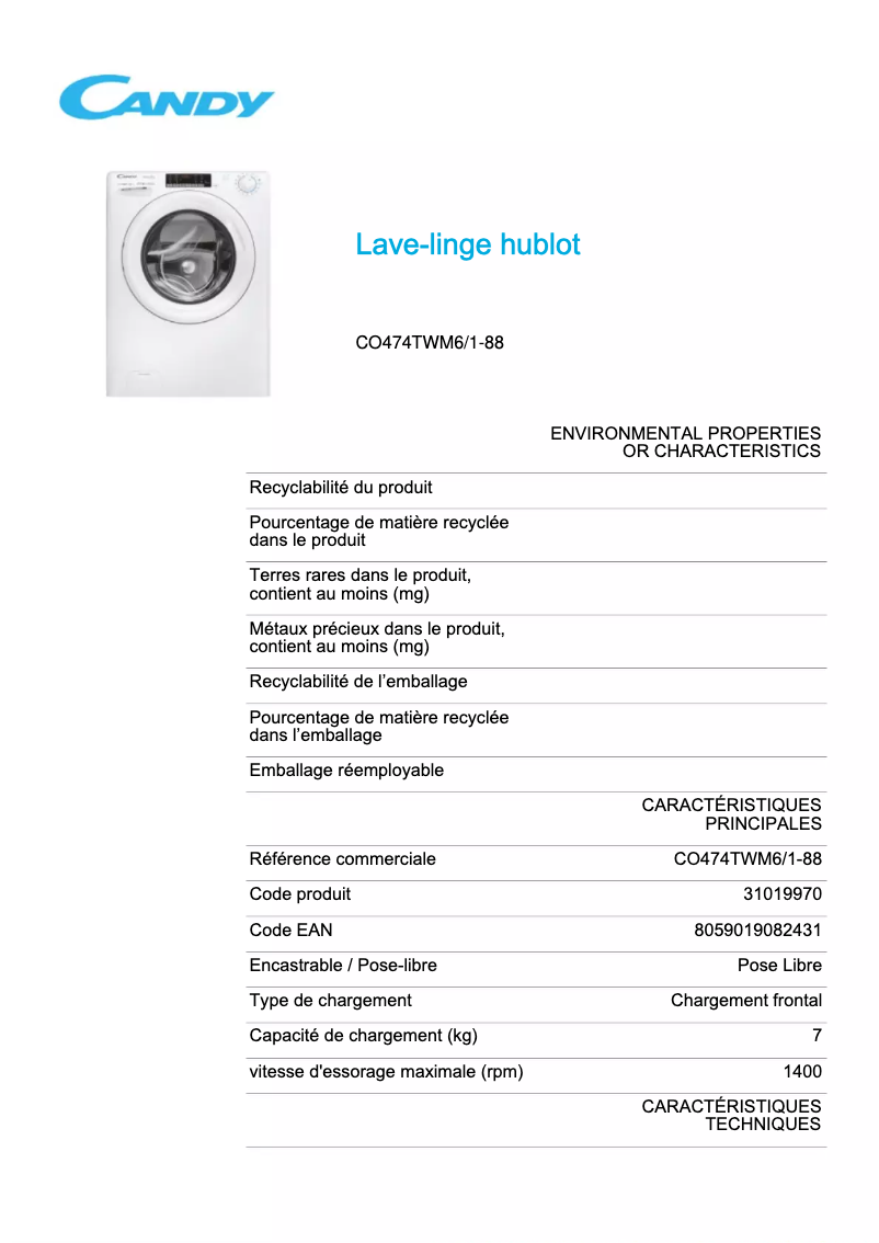 Page 1 de la notice Fiche technique Candy CO474TWM6/1-88
