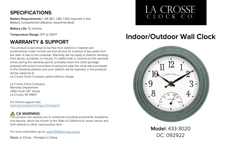 Page 1 de la notice Manuel utilisateur La Crosse Technology 433-3020