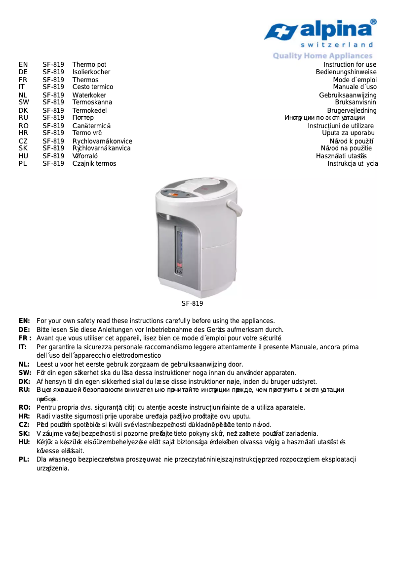 Page 1 de la notice Manuel utilisateur Alpina SF 819